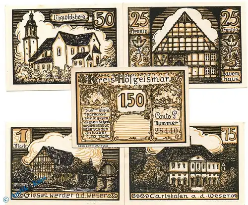 Notgeld Hofgeismar , Gebäudeserie , Set mit 5 Scheinen in kfr. Mehl Grabowski 619.3 , Hessen Seriennotgeld