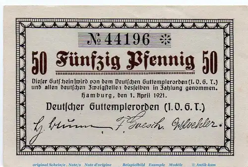 Notgeld Guttemplerorden Hamburg 522.1 , 50 Pfennig Schein in kfr. von 1921 , Hamburg Seriennotgeld