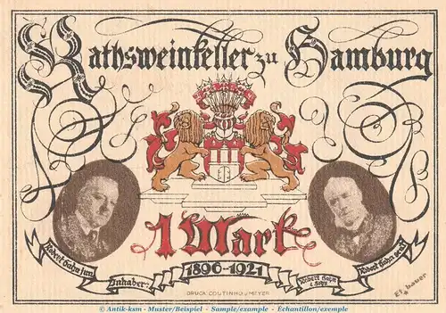 Notgeld Ratsweinkeller Hamburg 548.1 , 1 Mark Schein in kfr. von 1921 , Hamburg Seriennotgeld