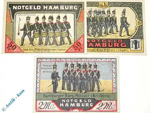 Notgeld Stadt Hamburg , Bürgermilitär , kompletter Satz mit 3 Scheinen in kassenfrischer Erhaltung , Seriennotgeld , 519.1
