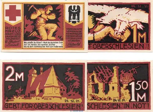 Notgeld Gemeinde Helmstedt 597.1 , Rotes Kreuz Set mit 4 Scheinen in kfr. von 1921 , Niedersachsen Seriennotgeld
