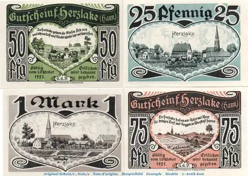 Notgeld Kfm. Verein Herzlake 605.1 , Set mit 4 Scheinen in kfr. von 1921 , Niedersachsen Seriennotgeld