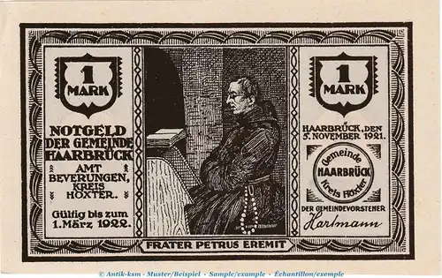 Notgeld Gemeinde Haarbrück 497.1 , 1 Mark Schein in kfr. von 1921 , Westfalen Seriennotgeld