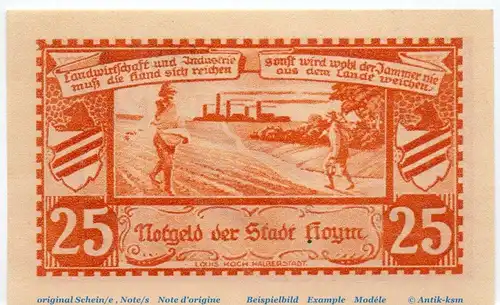 Notgeld Stadt Hoym 634.2 , 25 Pfennig Schein in kfr. von 1921 , Sachsen Anhalt Seriennotgeld