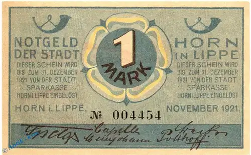 Notgeld Horn , 1 Mark Schein o. Textfeld in kfr. Mehl Grabowski 629.2.c , von 1921 , Westfalen Seriennotgeld