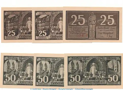 Notgeld Stadt Halberstadt 504.2.b , Set mit 6 Scheinen Kn. rot in kfr. von 1921 , Sachsen Anhalt Seriennotgeld