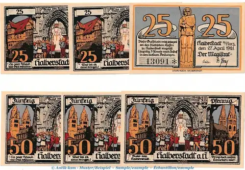 Notgeld Stadt Halberstadt 504.3 , Set mit 6 Scheinen in kfr. von 1921 , Sachsen Anhalt Seriennotgeld