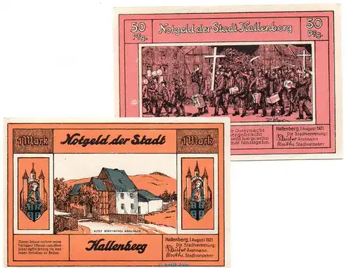 Notgeld Stadt Hallenberg 512.1 , Set mit 2 Scheinen in kfr. von 1921 , Westfalen Seriennotgeld