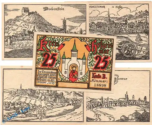 Notgeld Hofgeismar , Wappenserie , Set mit 5 Scheinen in kfr. Mehl Grabowski 619.1 , von 1922 , Hessen Seriennotgeld