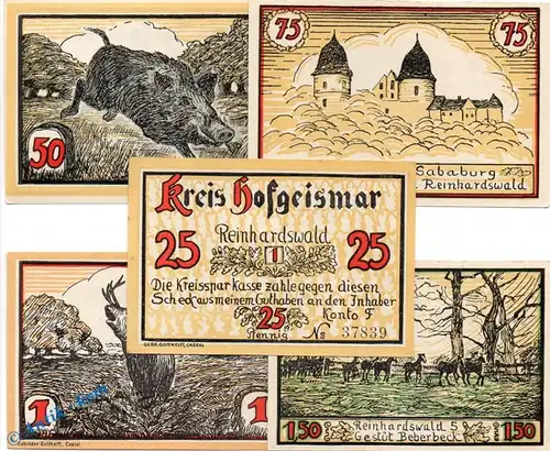 Notgeld Stadt Hofgeismar 619.2 , Reinhardswald Set mit 5 Scheinen in kfr. von 1922 , Hessen Seriennotgeld