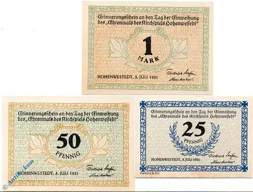 Notgeld Hohenwestedt , Set mit 3 Scheinen , Mehl Grabowski 622.1 b und c , von 1921 , Schleswig Holstein Seriennotgeld