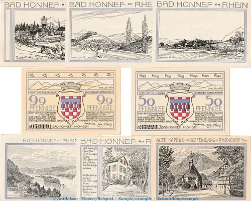 Notgeld Verkehrsvereine Bad Honnef 627.1 , Set mit 8 Scheinen in kfr. von 1921 , Westfalen Seriennotgeld