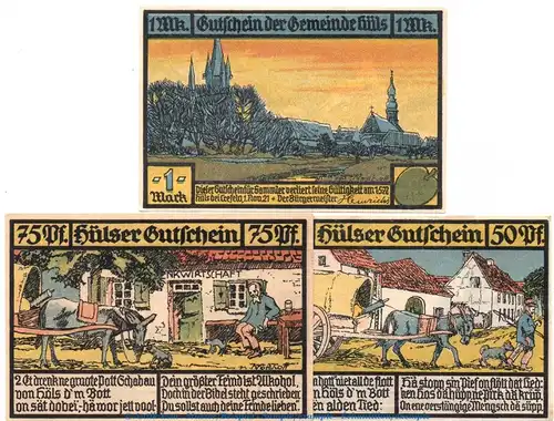 Notgeld Gemeinde Hüls bei Krefeld 635.1 , Set mit 3 Scheinen in kfr. von 1921 , Westfalen Seriennotgeld