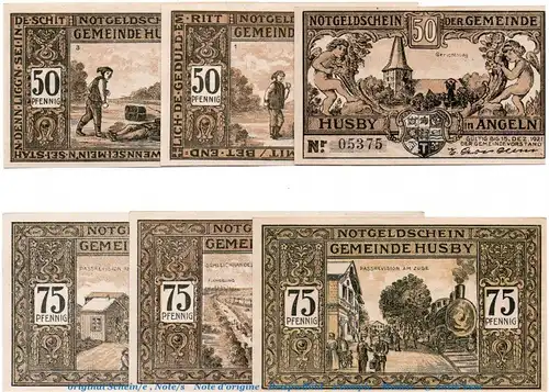 Notgeld Gemeinde Husby 637.1 , Set mit 6 Scheinen in kfr. von 1921 , Schleswig Holstein Seriennotgeld