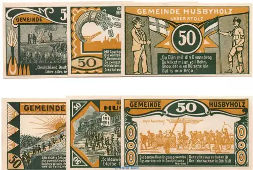 Notgeld Gemeinde Husbyholz 638.1 , Set mit 3 Scheinen in kfr. von 1921 , Schleswig Holstein Seriennotgeld