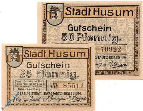 Notgeld Husum , Set mit 2 Scheinen in kfr. Mehl Grabowski 639.1 , von 1920 , Schleswig Holstein Seriennotgeld