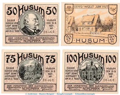 Notgeld Kleinsiedlung Husum 640.1 , Set mit 4 Scheinen in kfr. von 1921 , Schleswig Holstein Seriennotgeld