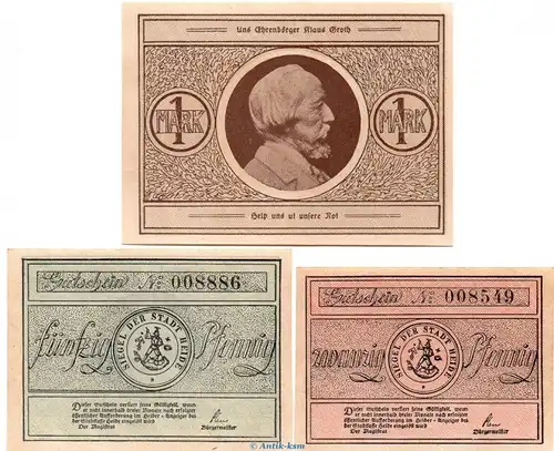 Notgeld Stadt Heide 588.1 , Set mit 3 Scheinen in kfr. von 1921 , Schleswig Holstein Seriennotgeld