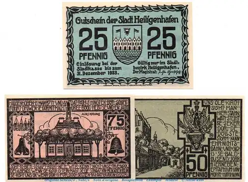 Notgeld Stadt Heiligenhafen 592.1 , Set mit 3 Scheinen in kfr , von 1921 , Schleswig Holstein Seriennotgeld