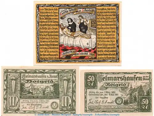 Notgeld Stadt Helmarshausen 596.3 , Set -oliv- mit 3 Scheinen in kfr. von 1921 , Hessen Seriennotgeld
