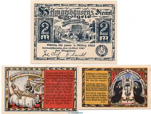 Notgeld Stadt Helmarshausen 596.2 , Set -blau- mit 3 Scheinen in kfr. von 1921 , Hessen Seriennotgeld