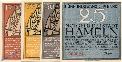 Notgeld Hameln , Set mit 4 Scheinen in kfr. Mehl Grabowski 566.1 , von 1921 , Niedersachsen Seriennotgeld