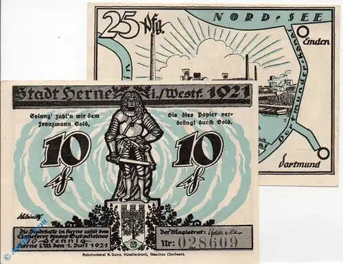 Notgeld Herne , Set mit 2 Scheinen , solang dies Papier , Mehl Grabowski 602.3 , von 1921 , Westfalen Seriennotgeld