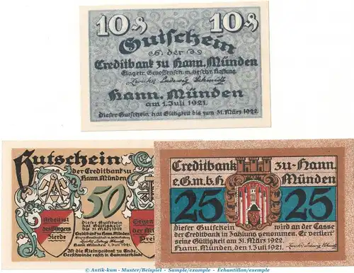 Notgeld Stadt Hann. Münden 577.1 , Set mit 3 Scheinen in kfr. von 1921 , Niedersachsen Seriennotgeld