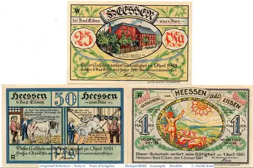 Notgeld Gemeinde Heesen bei Eilsen , Set mit 3 Scheinen in kassenfrisch , 587.1 , Niedersachsen Seriennotgeld