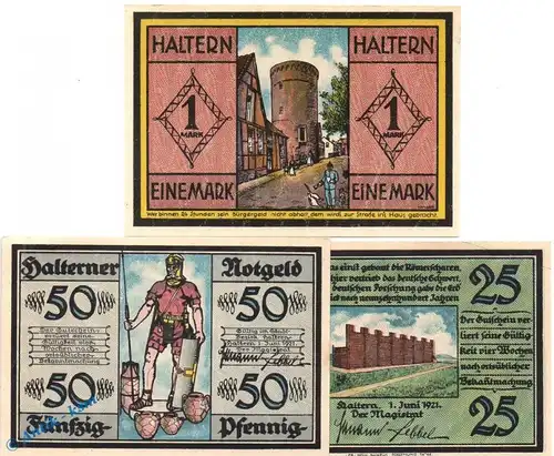 Notgeld Haltern , Set mit 3 Scheinen in kfr. Mehl Grabowski 514.1 , von 1921 , Westfalen Seriennotgeld