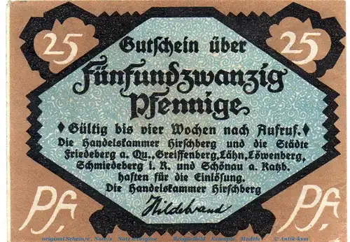 Notgeld Handelskammer Hirschberg und 612.1 , 25 Pfennig Schein in kfr. o.D. , Schlesien Seriennotgeld