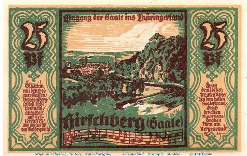 Notgeld Stadt Hirschberg Saale 611.1 , 25 Pfennig Schein in kfr. von 1921 , Thüringen Seriennotgeld