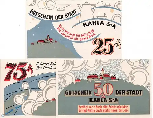 Notgeld Kahla , Porzellanserie , Set mit 3 Scheinen in kfr. Mehl Grabowski 668.5 , von 1921 , Thüringen Seriennotgeld