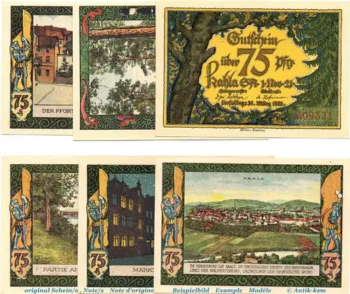 Notgeld Kahla , Stadt und Land Set mit 6 Scheinen in kfr. Mehl Grabowski 668.8 , von 1921 , Thüringen Seriennotgeld