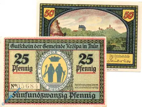 Notgeld Kröpla , Set mit 2 Scheinen in kfr. Mehl Grabowski 745.1 , von 1921 , Thüringen Seriennotgeld