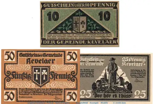 Notgeld Gemeinde Kevelaer 690.1 , Set mit 3 Scheinen in kfr. von 1921 , Westfalen Seriennotgeld