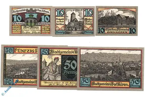 Notgeld Bad Kösen , Set mit 6 Scheinen , 10 Pf o. Drfa , Mehl Grabowski 734.1 a und b , von 1921 , Sachsen Anhalt Serien Notgeld