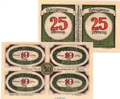 Notgeld Gemeinde Königsaue 721.1.b , Set mit 2 Scheinen in kfr. von 1921 , Sachsen Anhalt Seriennotgeld