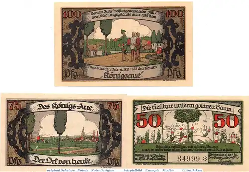 Notgeld Gemeinde Königsaue, 721.1.a , Set mit 3 kassenfrischen Scheinen , 1921 , Sachsen Anhalt Seriennotgeld