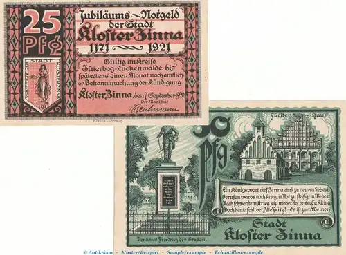 Notgeld Stadt Kloster Zinna 708.1 , Set mit 2 Scheinen in kfr. von 1920 , Brandenburg Seriennotgeld