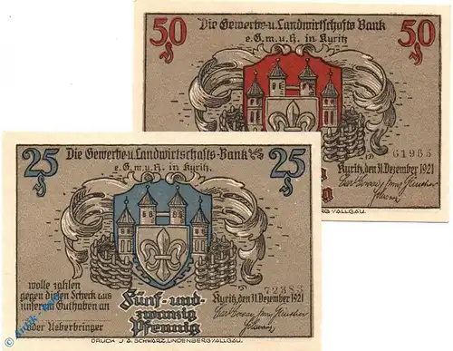 Notgeld Kyritz , Set mit 2 Scheinen , Mehl Grabowski 753.1 b  , von 1921 , Brandenburg Seriennotgeld