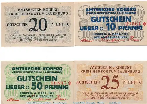 Notgeld Amtsbezirk Koberg 713.1 , Set mit 4 Scheinen in kfr. von 1921 , Schleswig Holstein Seriennotgeld