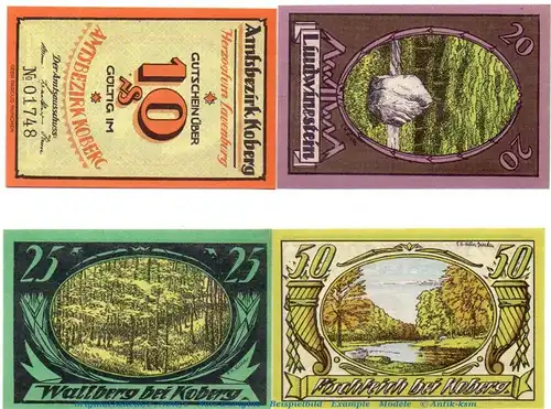 Notgeld Amtsbezirk Koberg 713.2  , Landschaften Set mit 4 Scheinen in kfr. o.D. , Schleswig Holstein Seriennotgeld