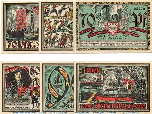 Notgeld Herbstwoche Kiel 696.1 , Set mit 6 Scheinen in kfr. von 1921 , Schleswig Holstein Seriennotgeld