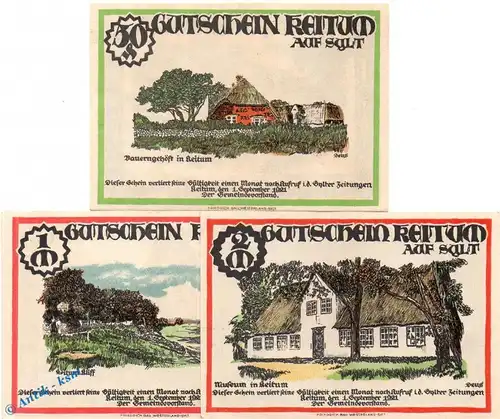 Notgeld Gemeinde Keitum Sylt 685.5 , Set mit 3 Scheinen in kfr. von 1921 , Schleswig Holstein Seriennotgeld