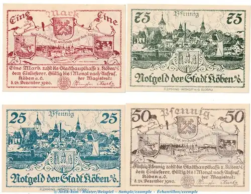 Notgeld Stadt Köben 714.2 , Set mit 4 Scheinen in kfr. von 1920 , Schlesien Seriennotgeld