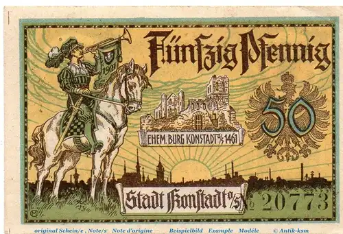 Notgeld Stadt Konstadt 738.1 , 50 Pfennig Schein in kfr. von 1921 , Schlesien Seriennotgeld