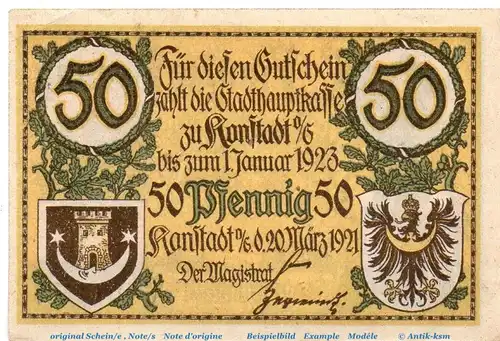 Notgeld Stadt Konstadt 738.1 , 50 Pfennig Schein in kfr. von 1921 , Schlesien Seriennotgeld