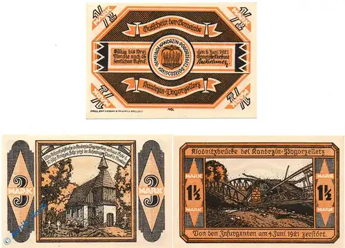 Notgeld Kandrzin Pogorzelletz , Set mit 3 Scheinen in kfr. Mehl Grabowski 675.1 , von 1921 , Oberschlesien Seriennotgeld