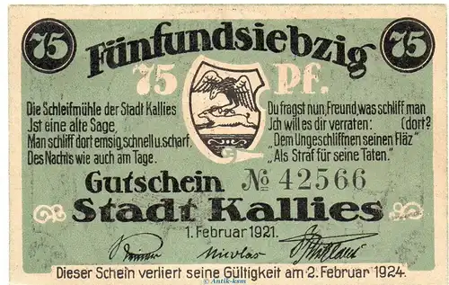 Notgeld Stadt Kallies 672.1 , 75 Pfennig Schein in kfr. von 1921 , Pommern Seriennotgeld